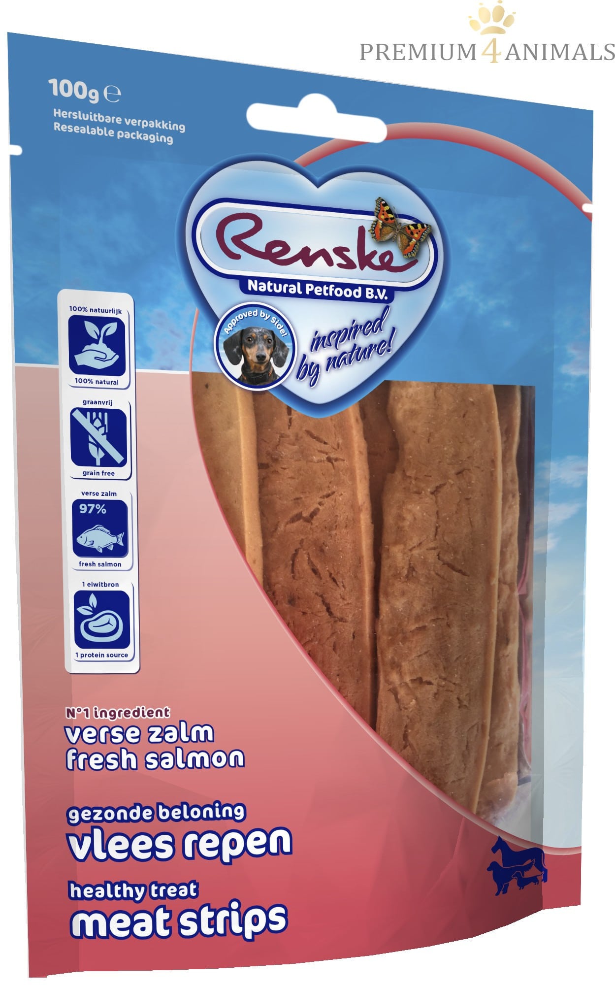 Renske Renske healthy meat strips Salmon  suszone płaty mięsa łososia 8717185294347 - 1 zdjęcie