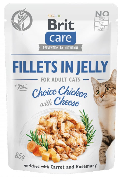 Brit karma mokra dla kotów Care Cat Fillets in Jelly Choice Chicken with Cheese 24x85 g - 1 zdjęcie