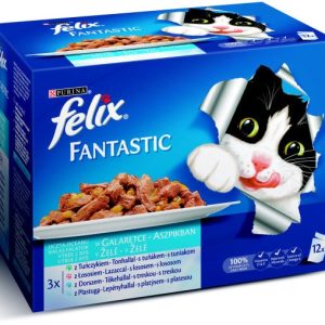 Purina Felix Fantastic karma dla kota 3x z tuńczykiem, 3x z łososiem, 3x z dorszem, 3x z płastugą w galaretce 12x100g - 1 zdjęcie