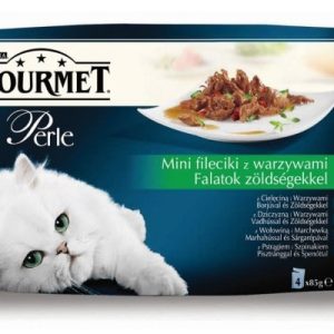 Purina Gourmet 3+1 gratis Perle mini fileciki z warzywami w sosie mokra karma dla kota z cielęciną i warzywami, z dziczyznš i warzywami, z wołowinš i marchewkš, z pstršgiem i szpinakiem 4x85g - 1 zdjęcie